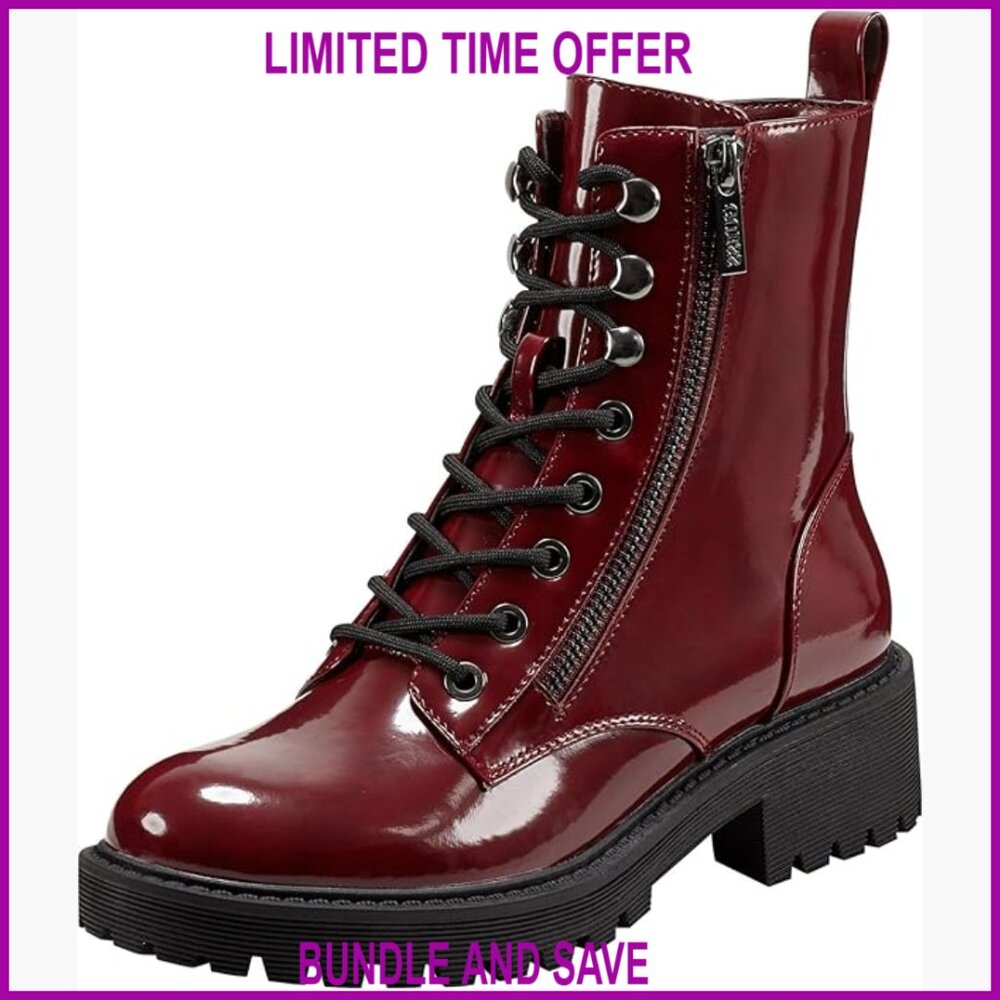 Combat Boots with Lace-Up Closure, Faux Leather, Ankle Height